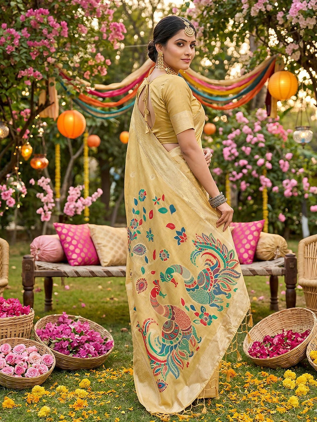 Shree Shyam Fashion Yellow Linen Cotton Saree | Grocsy