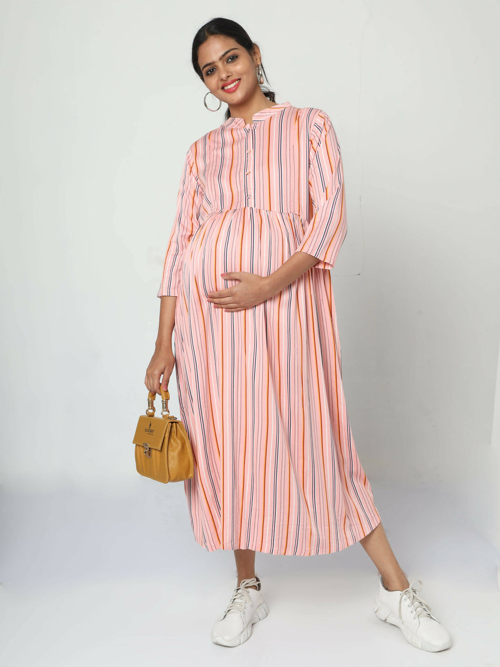 Manet Three Fourth Maternity Dress Strip Print With Concealed Zipper Nursing Access - Pink | Grocsy