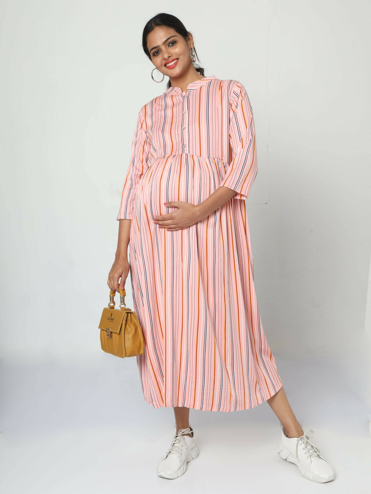 Manet Three Fourth Maternity Dress Strip Print With Concealed Zipper Nursing Access - Pink | Grocsy