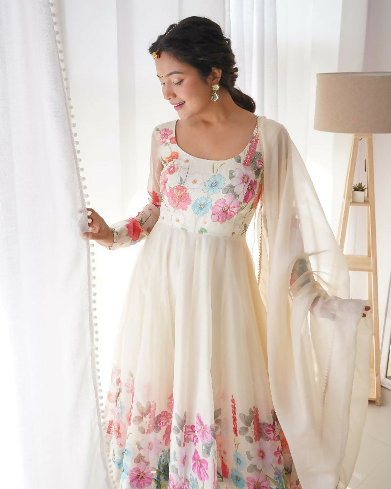 Joban Fashion Cream Kurta Set Organza Sequin Embroidery Work | Grocsy