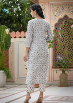 Kaajh Women's White Grey Floral Print Cotton Kurta Pant Set | Grocsy