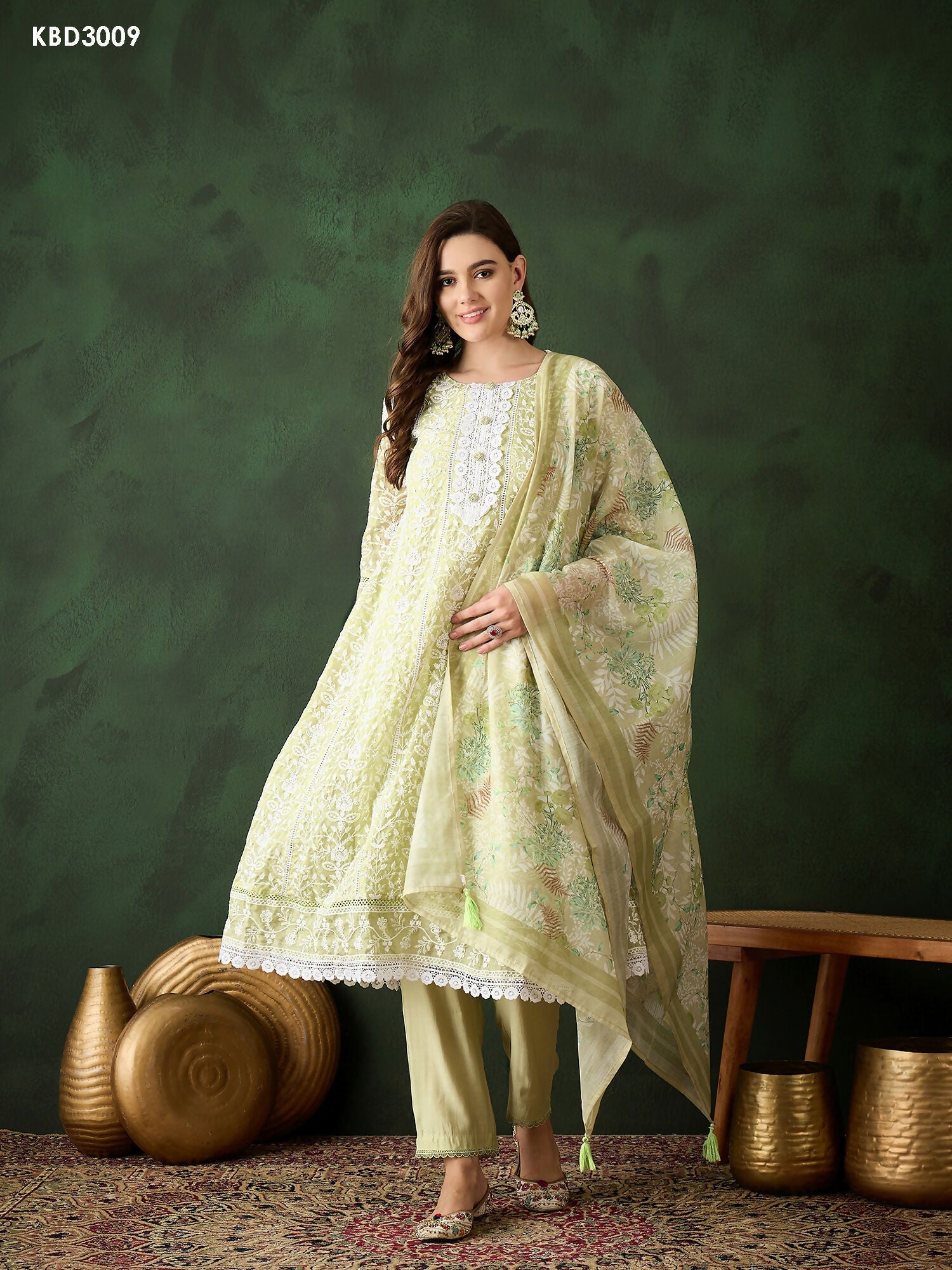 Green Crystal Organza schiffli embroidery Kurta With Trouser & Dupatta - Bhumi | Grocsy