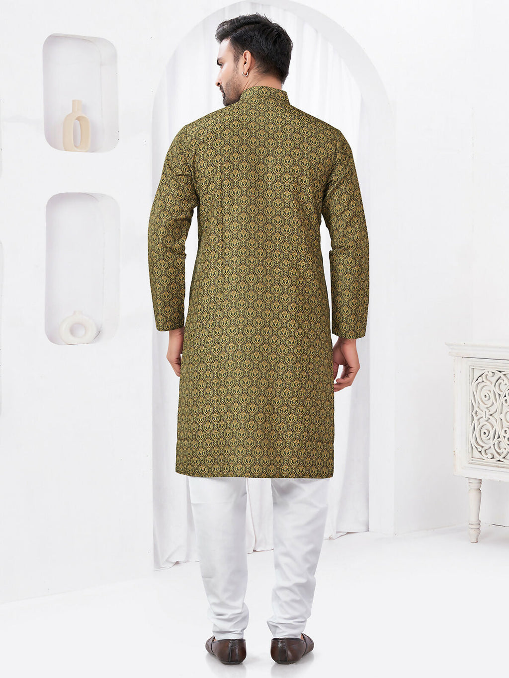 Joban Fashion Men's Rayon Cotton Olive Printed Kurta Pyjama set | Grocsy