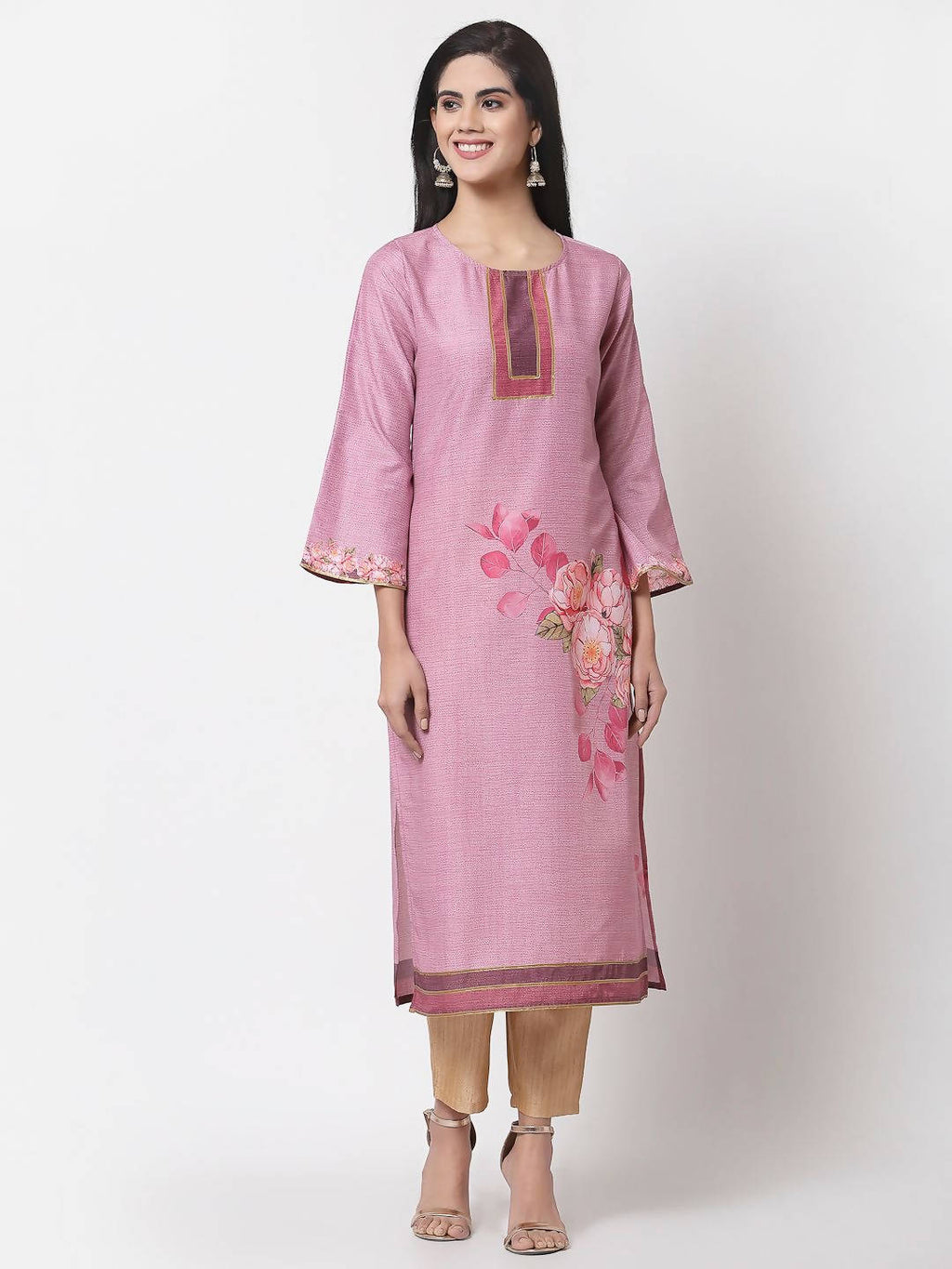 Myshka Pink Cotton Printed Full Sleeve Round Neck Casual Kurta | Grocsy