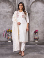 Teeya Creation Women's Elegant White Embroidered Kurta with Pant and Dupatta Set | Grocsy