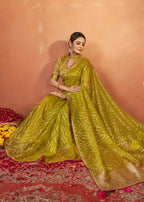 Green Organza Silk Woven Design Saree With Unstitched Blouse Piece - Norita Royal Pradha | Grocsy