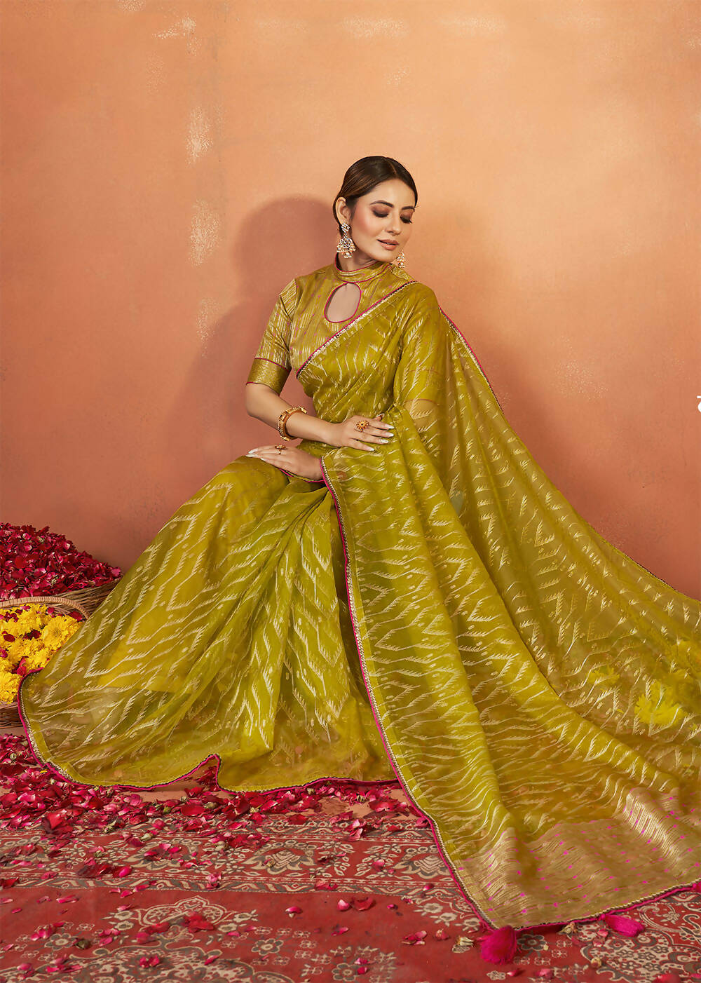 Green Organza Silk Woven Design Saree With Unstitched Blouse Piece - Norita Royal Pradha | Grocsy
