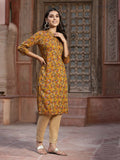 Juniper Mustard Floral Printed Muslin Kurta With Tassels & A Pleat At Front | Grocsy