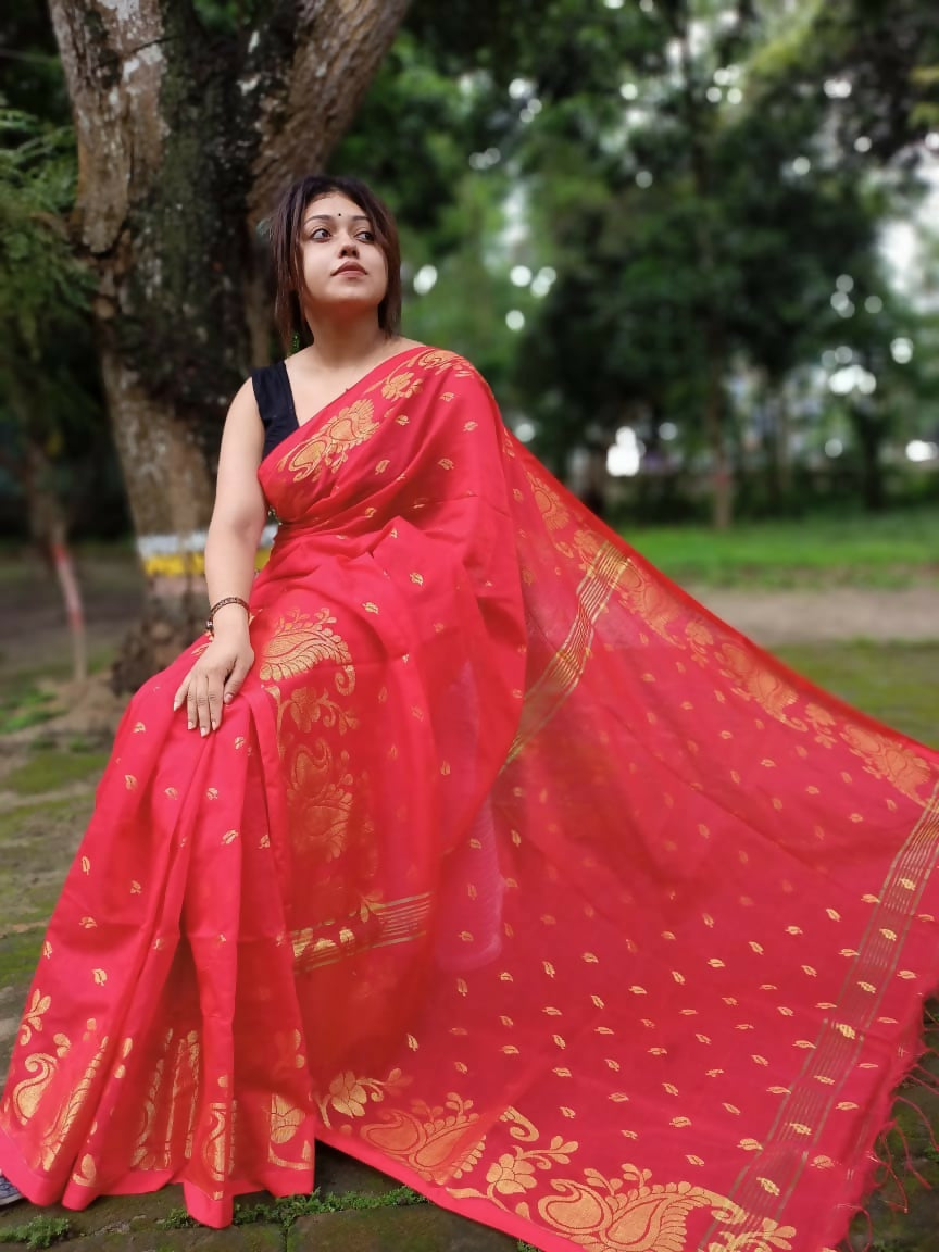 Exclusive Collection Red Beautiful Cotton Silk Saree | Grocsy