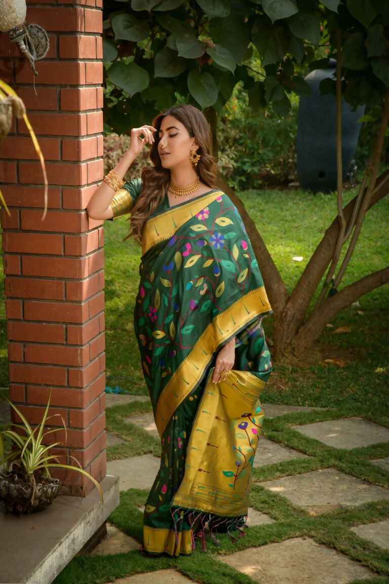 Jyoti Fashion Women's Bottle Green Paithani Silk Zari Woven Saree with Blouse | Grocsy