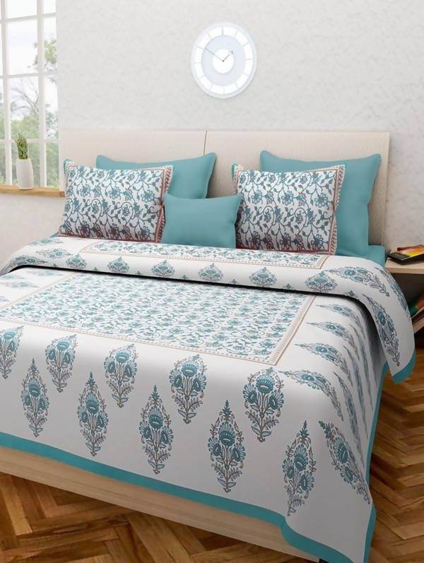Vamika Printed White & Sea Green Cotton White Bedsheet With Pillow Covers (LEOC_GMLA_SG) | Grocsy