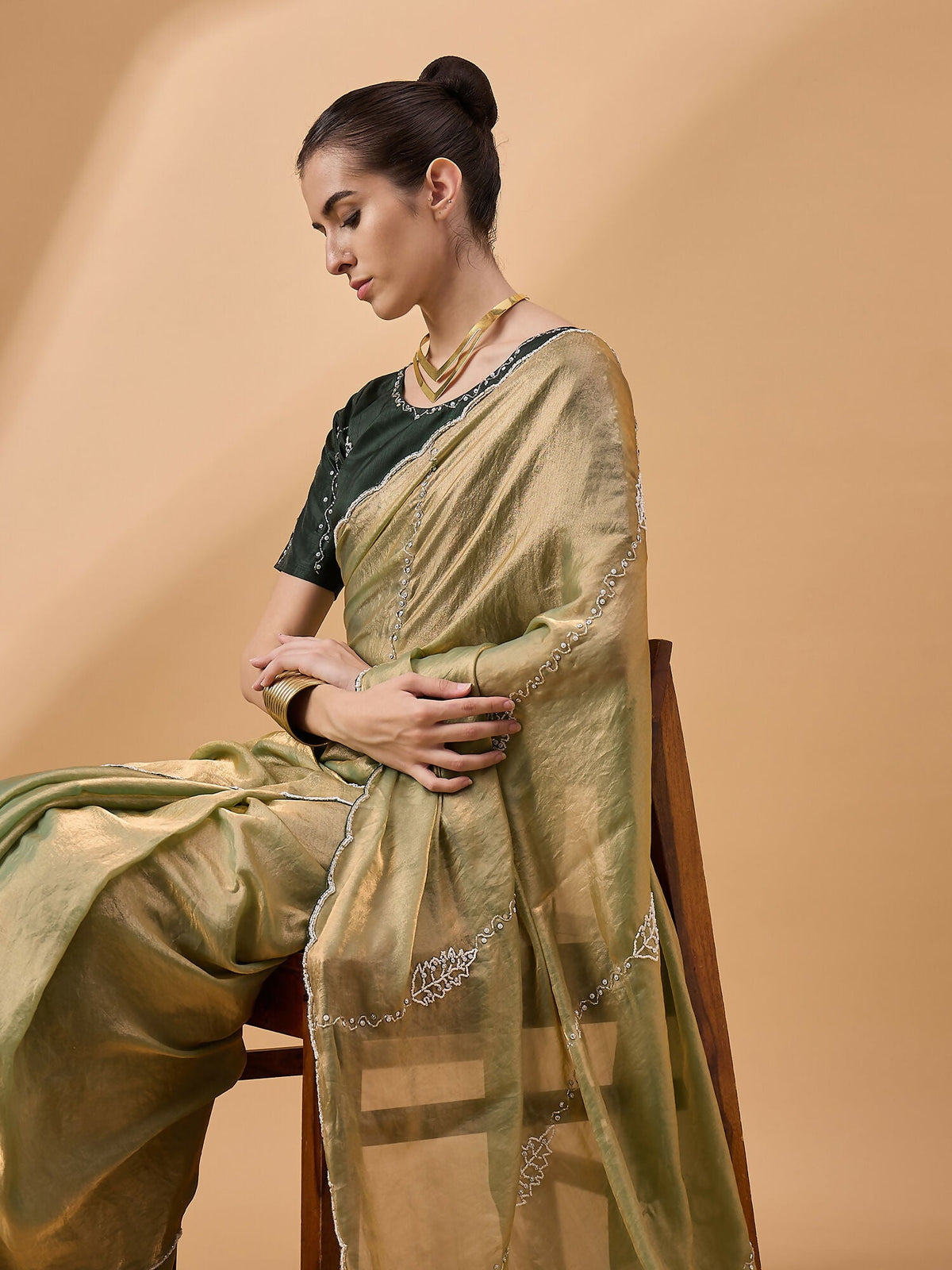 Green Muslin Embroidered Saree with Unstitched Blouse Piece - Satya | Grocsy