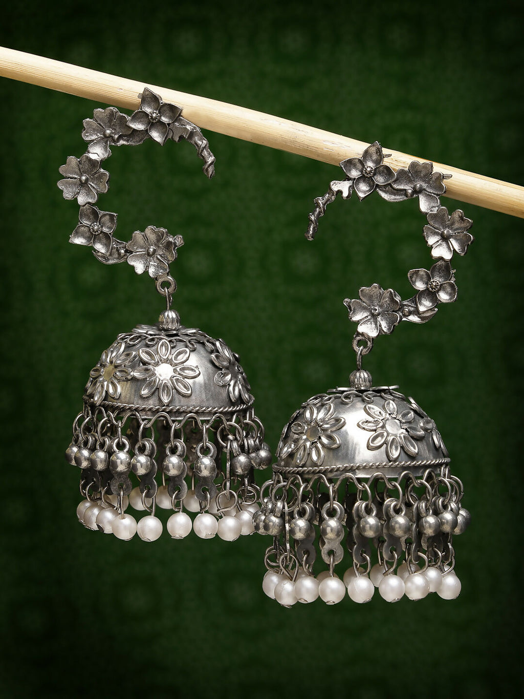 NVR Women's Silver Plated Pearl Beaded Oxidised Contemporary Jhumka Earrings | Grocsy