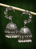 NVR Women's Silver Plated Pearl Beaded Oxidised Contemporary Jhumka Earrings | Grocsy