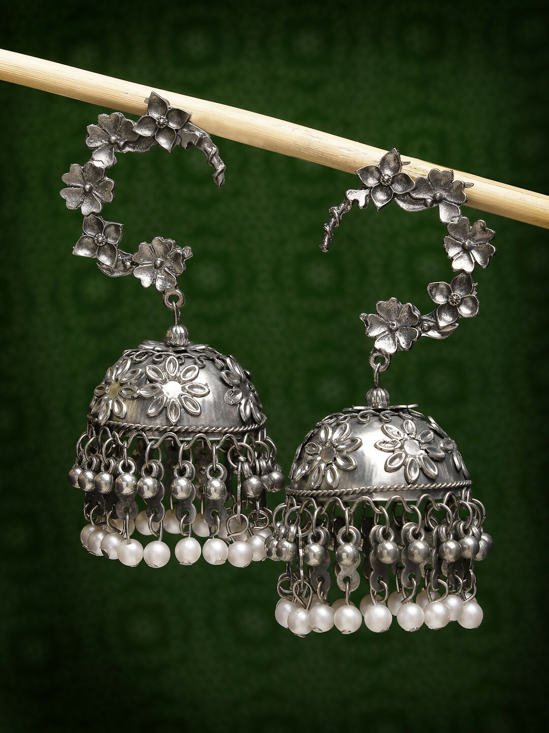 NVR Women's Silver Plated Pearl Beaded Oxidised Contemporary Jhumka Earrings | Grocsy