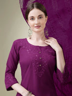 Jyoti Fashion Women's Purple Cotton Blend Embroidery & Sequence work Kurta with Trouser & Dupatta | Grocsy