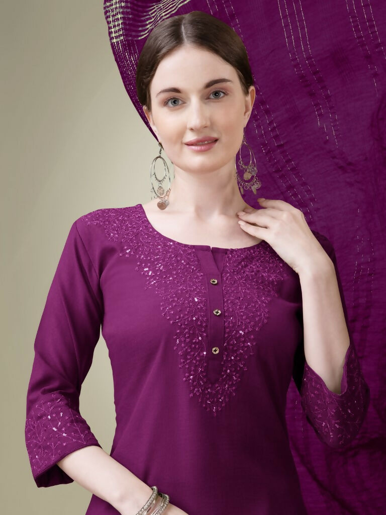 Jyoti Fashion Women's Purple Cotton Blend Embroidery & Sequence work Kurta with Trouser & Dupatta | Grocsy
