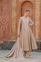 The52 Brown Women's Gorgeous Vichitra Silk Fabric Embroidered Work Flared Anarkali Pant and Dupatta Set | Grocsy
