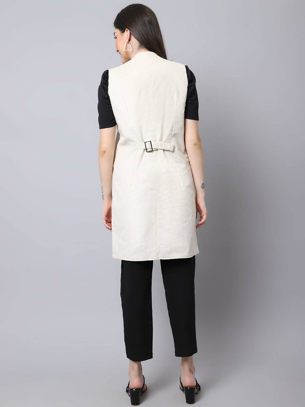Even Apparels White Polywool Open Front Corduroy Women's Long Coat | Grocsy