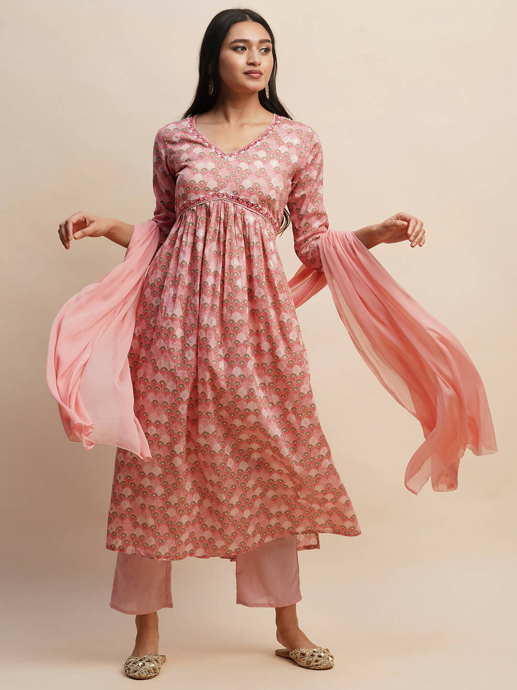 Pink Pure Cotton Floral Printed Naira Cut Kurta And Bottom With Dupatta - Akashara | Grocsy