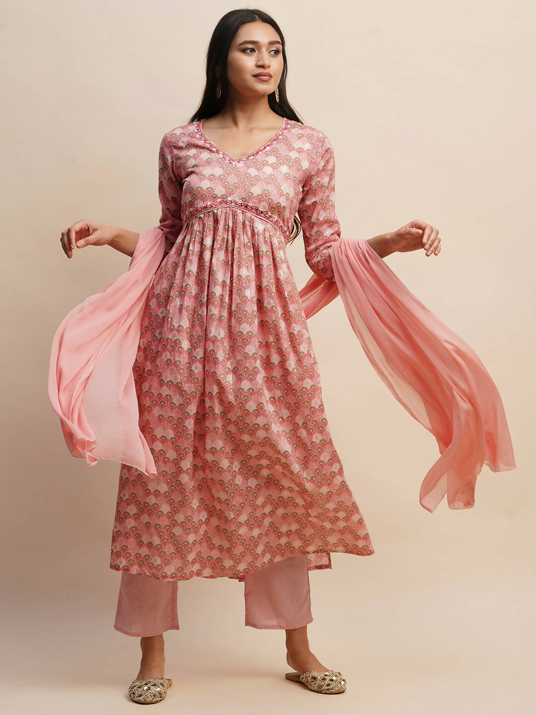 Pink Pure Cotton Floral Printed Naira Cut Kurta And Bottom With Dupatta - Akashara | Grocsy