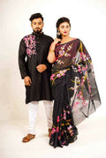 Exclusive Collection Elegant Hand Printing Designe On Pure Cotton Saree And Men's Kurta - Black | Grocsy