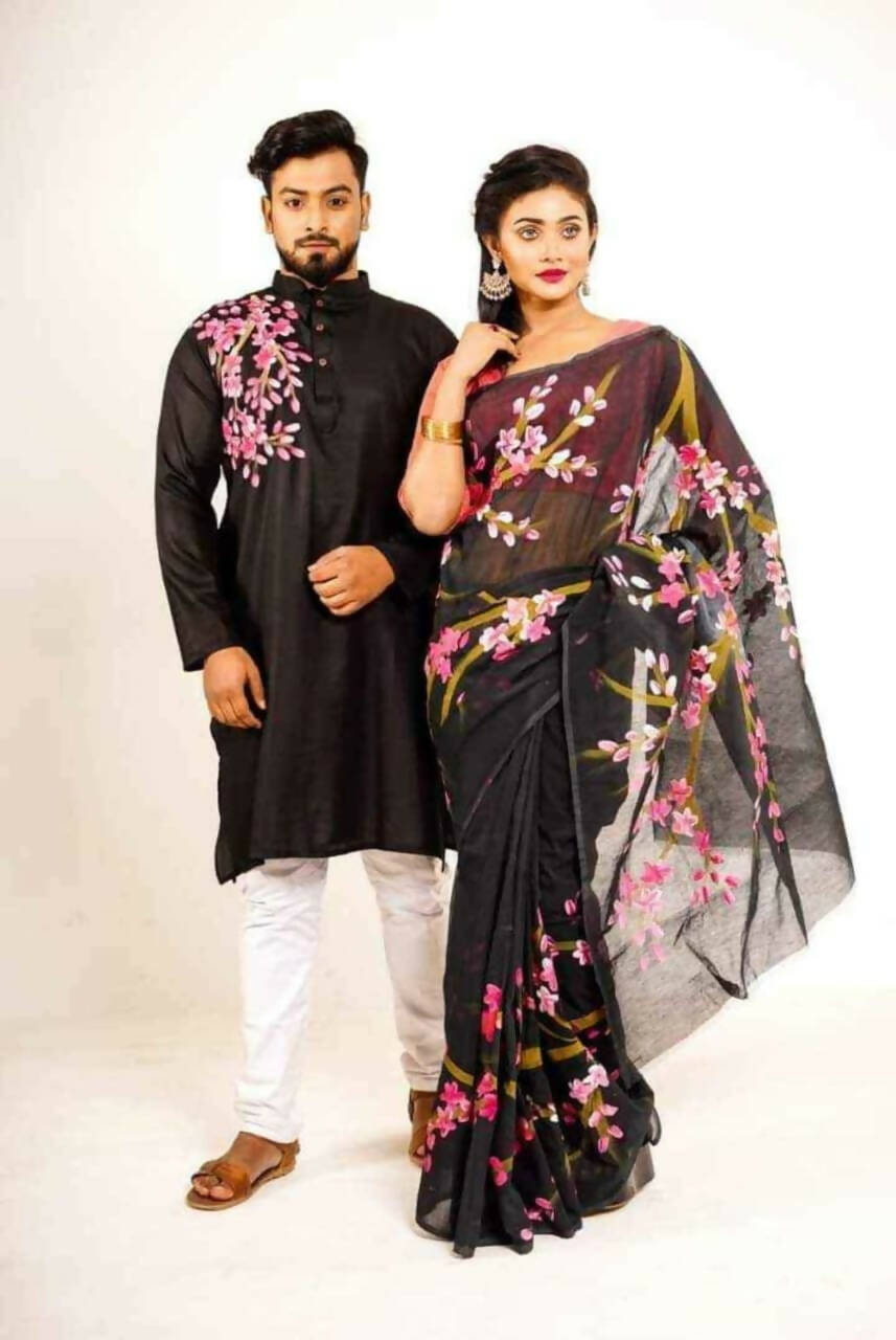Exclusive Collection Elegant Hand Printing Designe On Pure Cotton Saree And Men's Kurta - Black | Grocsy