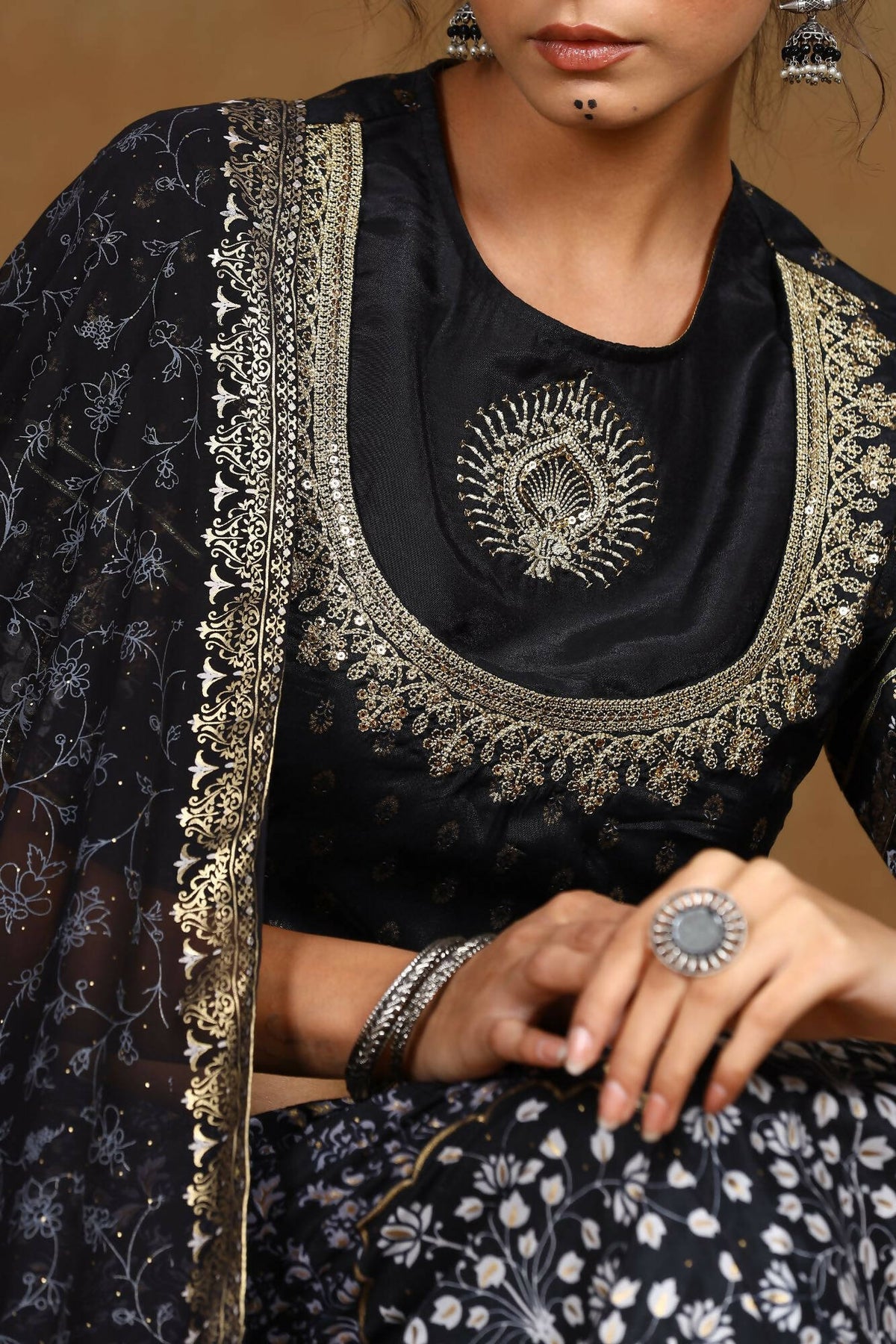 Juniper Women Black Shantoon Embroidered Flared Lehenga Choli Sets | Grocsy