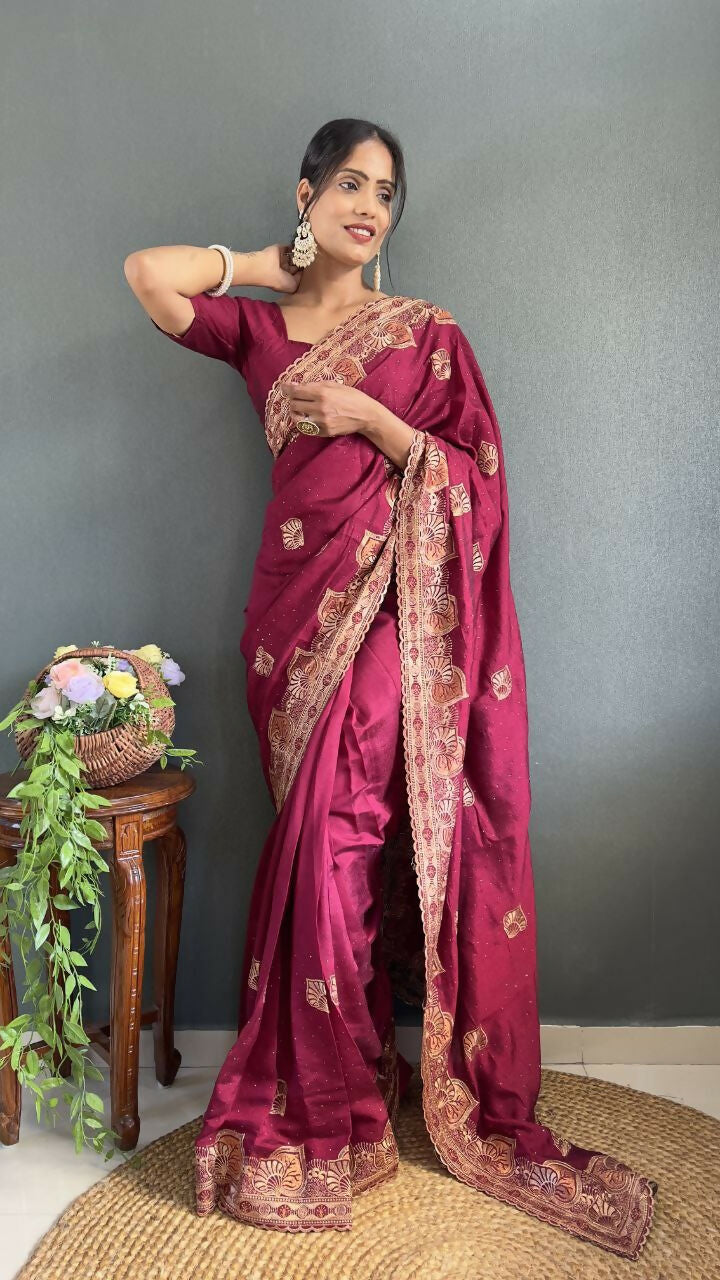 Vastranavya Pink Vichitra Silk Zari with Swarovski Work Ready to Wear Saree | Grocsy