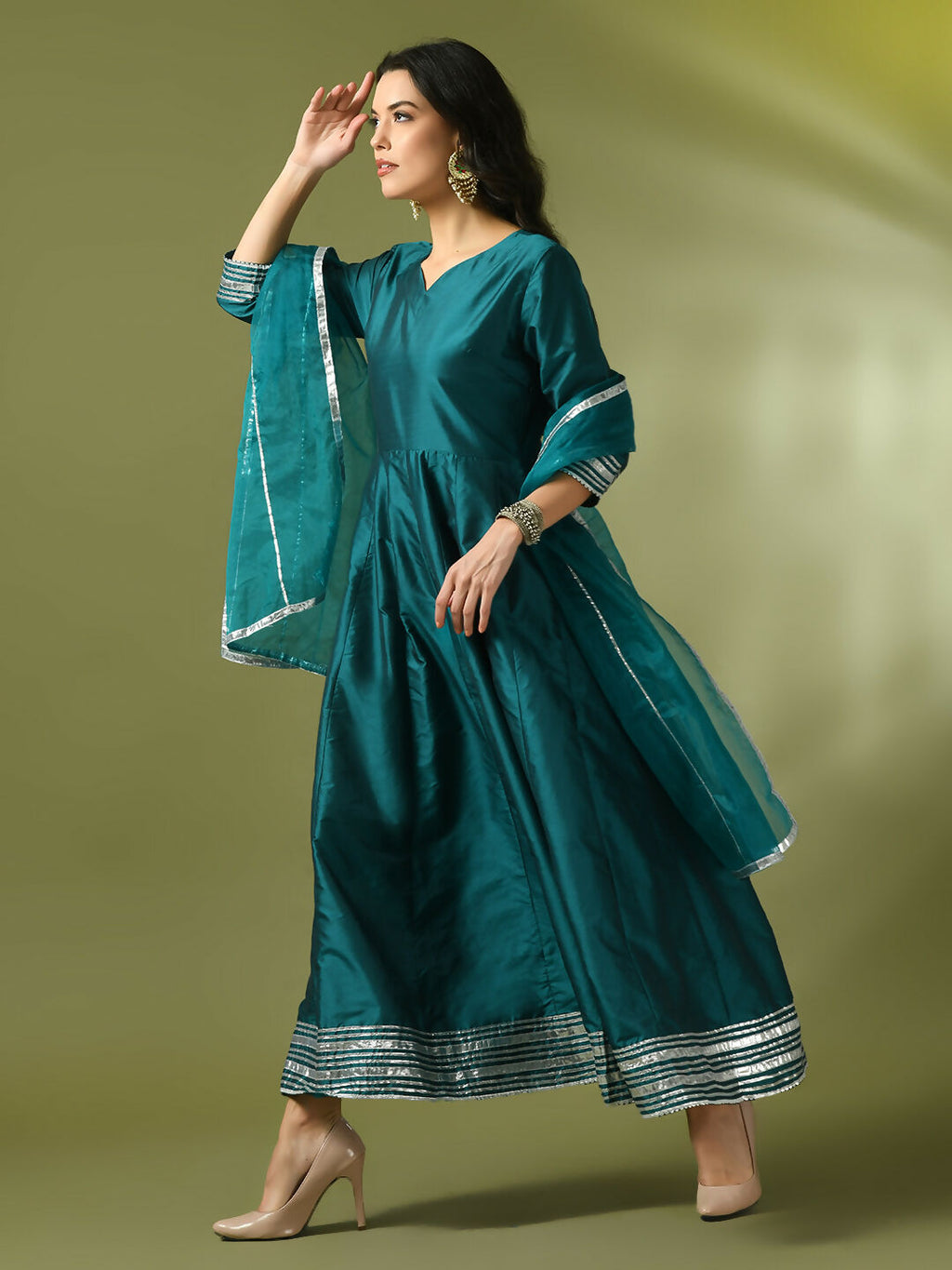 Myshka Women's Teal Solid Silk Anarkali Party Kurta With Dupatta | Grocsy