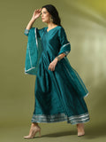 Myshka Women's Teal Solid Silk Anarkali Party Kurta With Dupatta | Grocsy