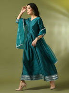 Myshka Women's Teal Solid Silk Anarkali Party Kurta With Dupatta | Grocsy