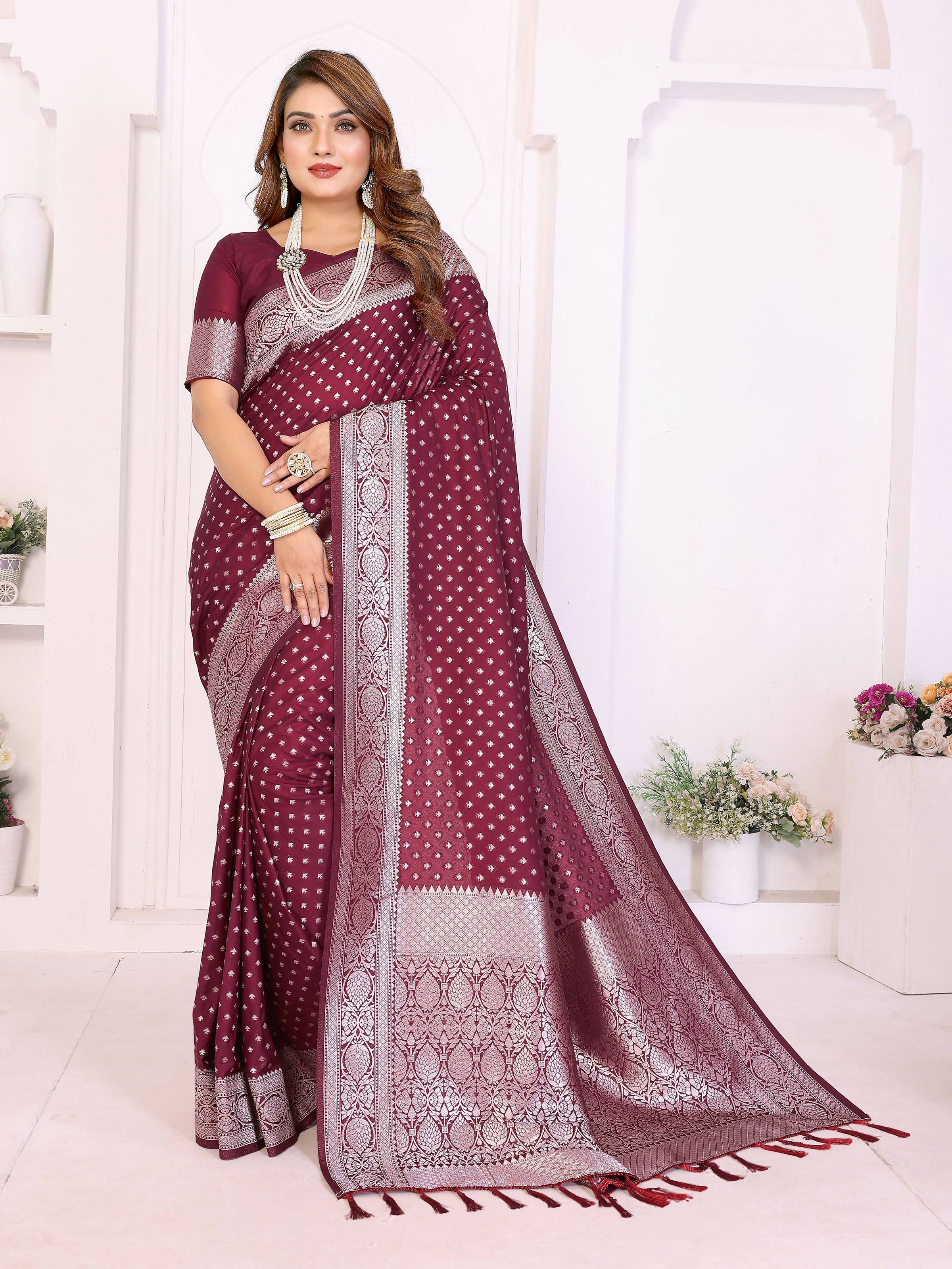 Aastha Fashion Wine Georgette Silk Zari Weaving Saree | Grocsy