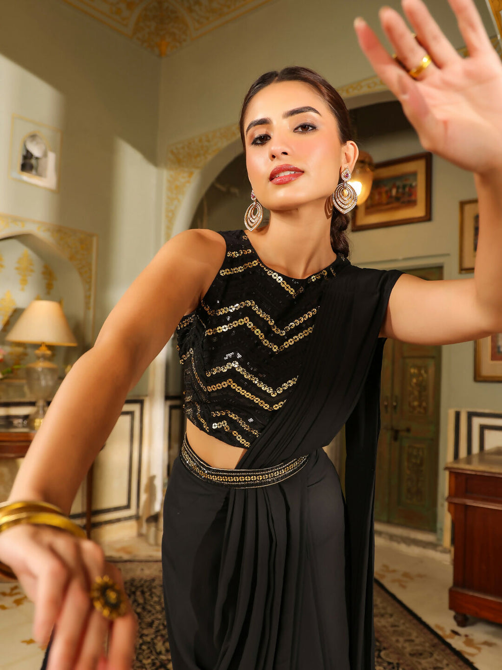 Janasya Black Georgette Sequined Saree and Blouse | Grocsy