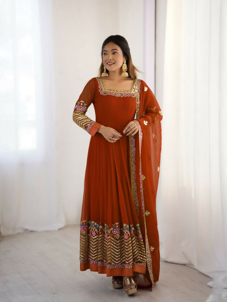 Joban Fashion Orange Georgette Sequence Embroidery Work Readymade Kurta Set | Grocsy