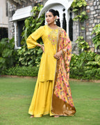 Vaasva Women's Silk Mustard Emboidered Solid Kurta, Sharara & Dupatta Set | Grocsy