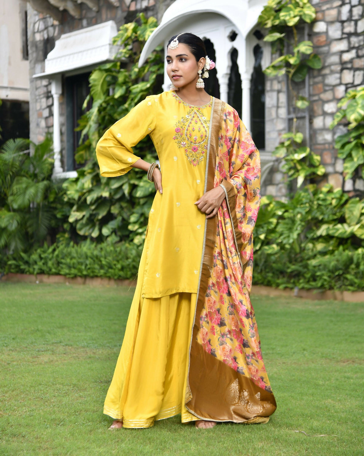 Vaasva Women's Silk Mustard Emboidered Solid Kurta, Sharara & Dupatta Set | Grocsy