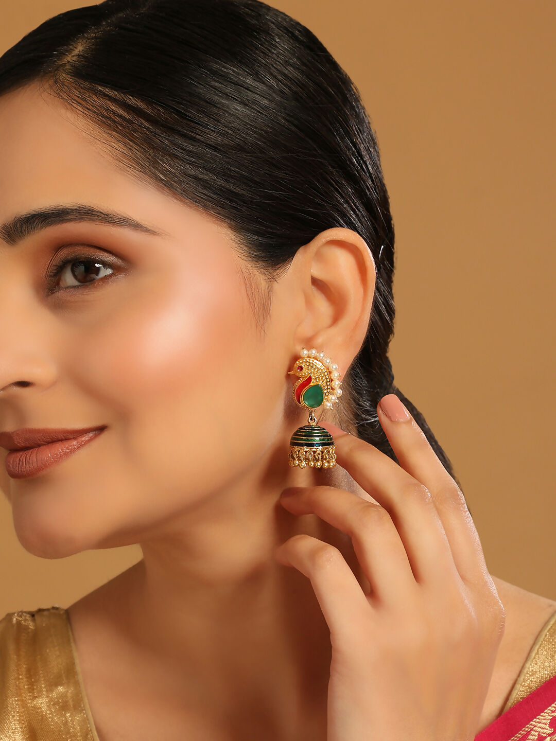 Nuyug 22K Gold Plated Pearls Studded Contemporary Shaped Enamel Jhumkas | Grocsy