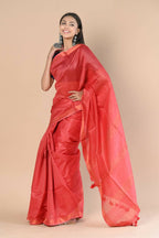 Very Much Indian Handloom Cotton Silk Maheshwari Saree With Sleek Golden Border - Red | Grocsy