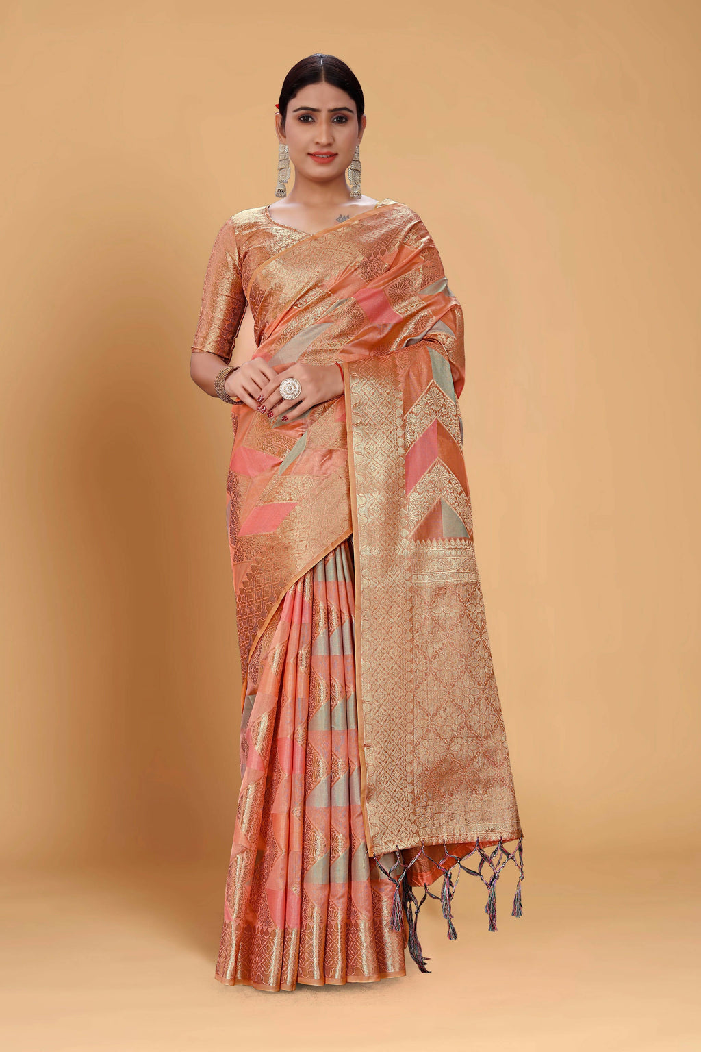 Peach Soft Organza Woven Design Saree With Unstitched Blouse Piece - Zaara | Grocsy