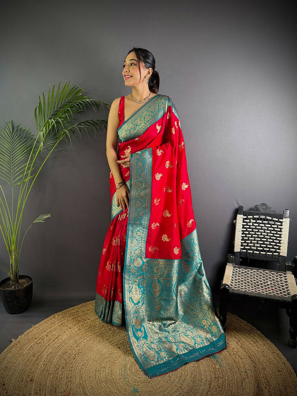 Joban Fashion Banarasi Red Woven Butti Soft Silk Saree | Grocsy
