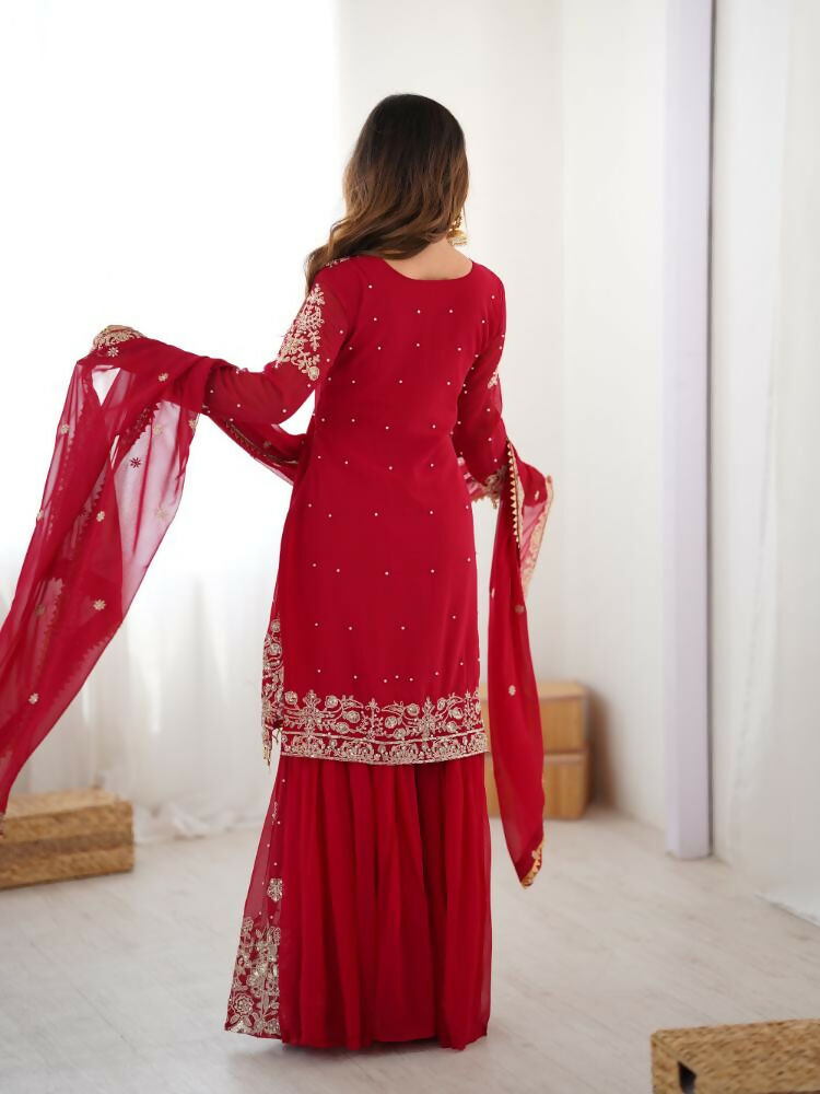 Lehenga Mart Designer Sharara Suit With Kurta, Sharara, Dupatta For Women-Red | Grocsy