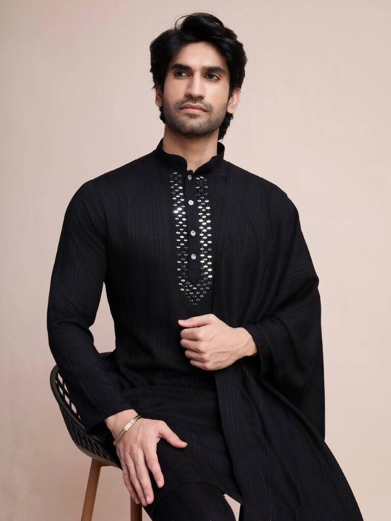 Vastranavya Traditional Festival Wear Viscose Thread & Sequence Embroidered Work Kurta Pant Set - Black | Grocsy