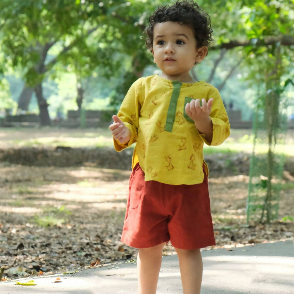 Mhyssa Ricco Full Sleeve Yellow T-shirt with Red Short Set For Kids | Grocsy