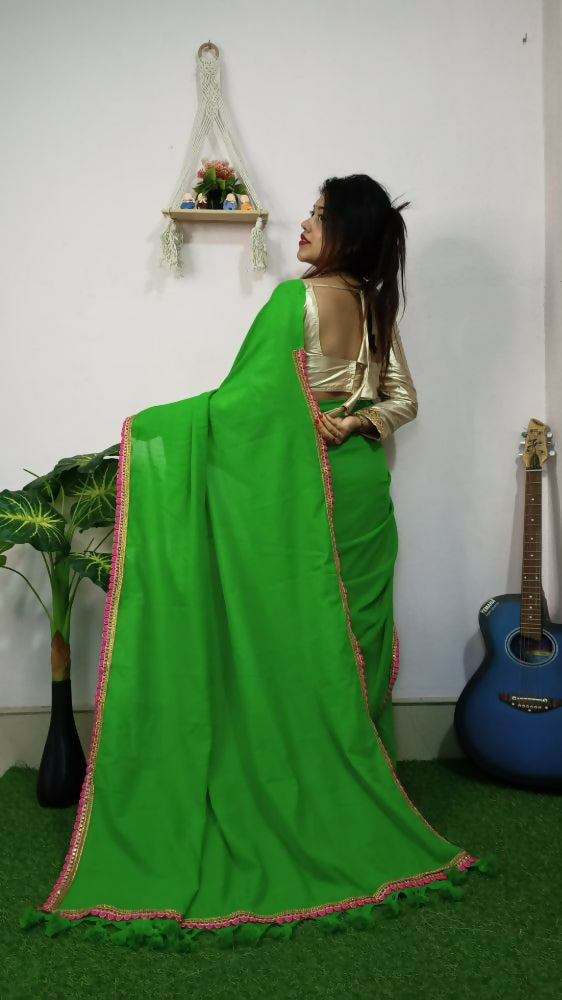 Exclusive Collection Beautiful Khadi Cotton Handloom Saree With Beautiful Zari Border - Parrot Green | Grocsy