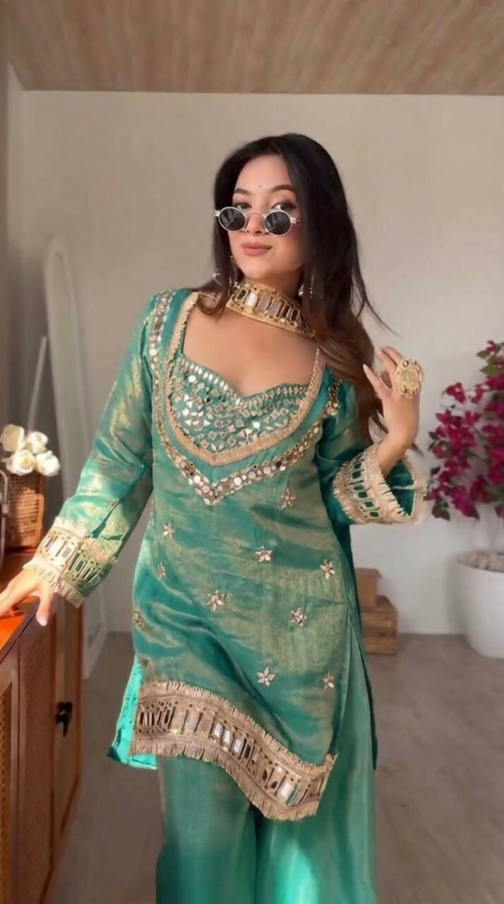 Teeya Creation New Trendy Stylish Real Mirror Work With Lace Border Teal Kurta Set | Grocsy