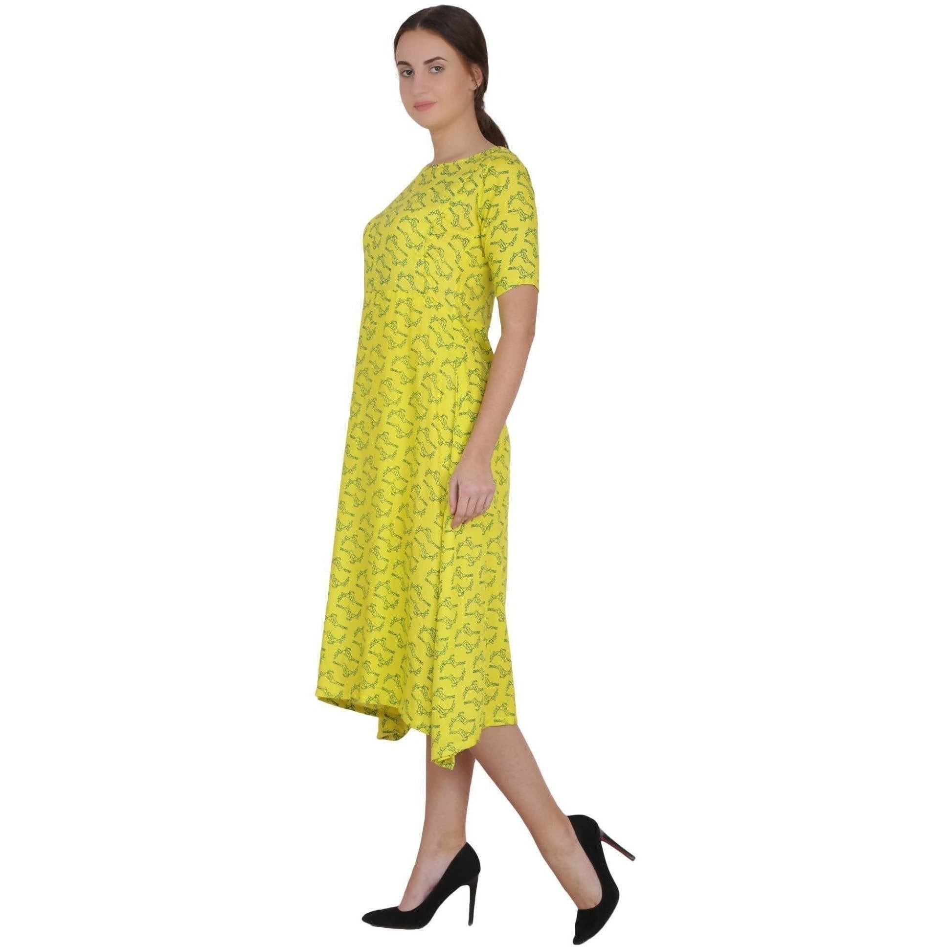 Kanoor Women's Yellow Rayon A-line kurti | Grocsy