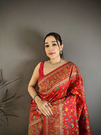 Elora Red Pashmina Silk Meenakari Weaving Madhubani Design Kashmiri Saree | Grocsy