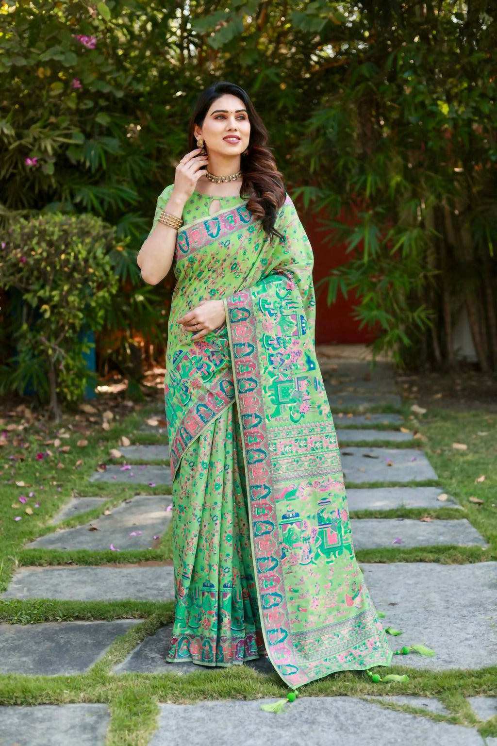 Vastranavya Luxury and Beautiful Soft, Smooth, Flowing Original Pashmina Soft Cotton Saree with Matching Blouse Fabric - Pista | Grocsy