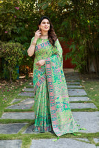 Vastranavya Luxury and Beautiful Soft, Smooth, Flowing Original Pashmina Soft Cotton Saree with Matching Blouse Fabric - Pista | Grocsy